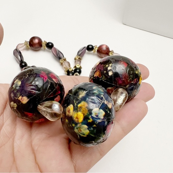 Vintage Black Purple Floral Glass Papier-mâché Beaded Funky Necklace Handmade - Picture 3 of 6